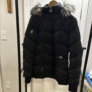 Women's Black Puffer Jacket with Faux Fur Hood